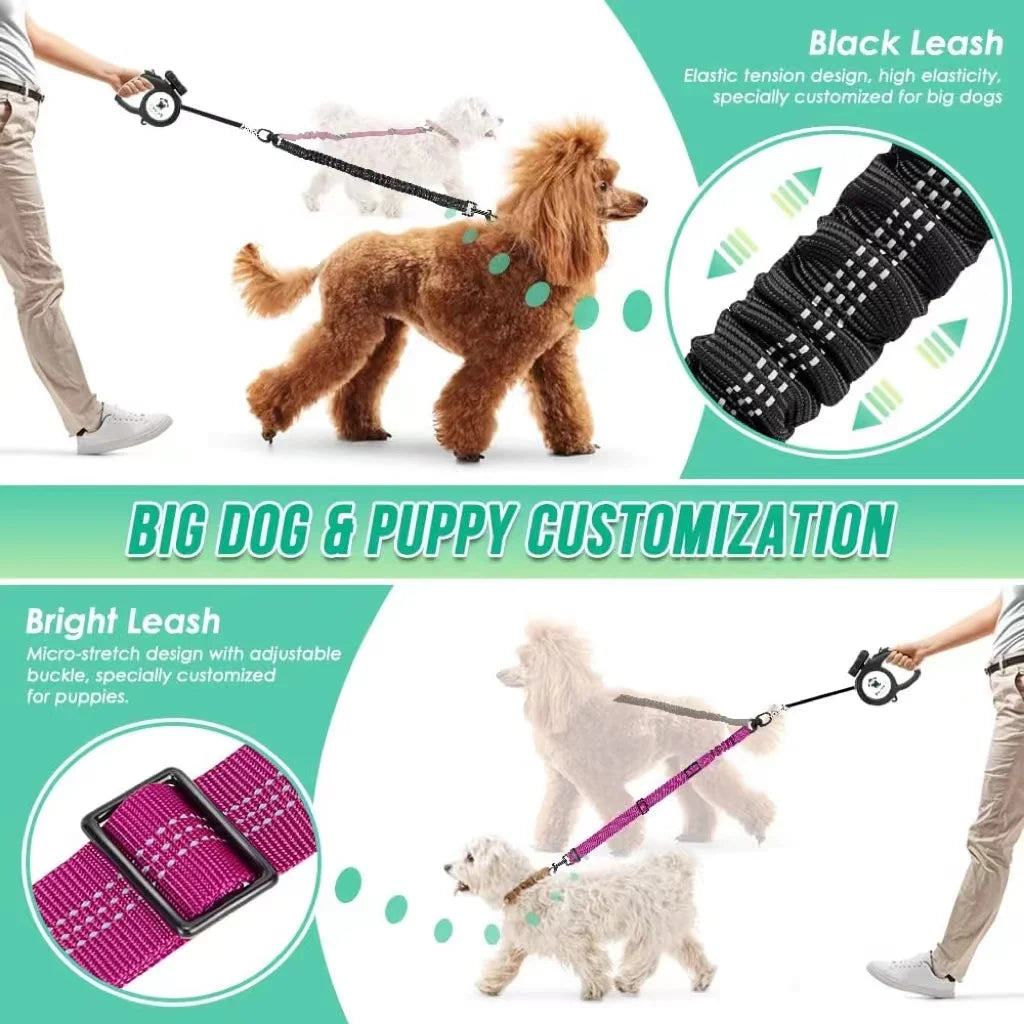 1.6ft Long Dual Dog Leash Attachment - Double Leashes for Training Small to Large Dogs Adjustable Strap, Shock Absorbing Bungee