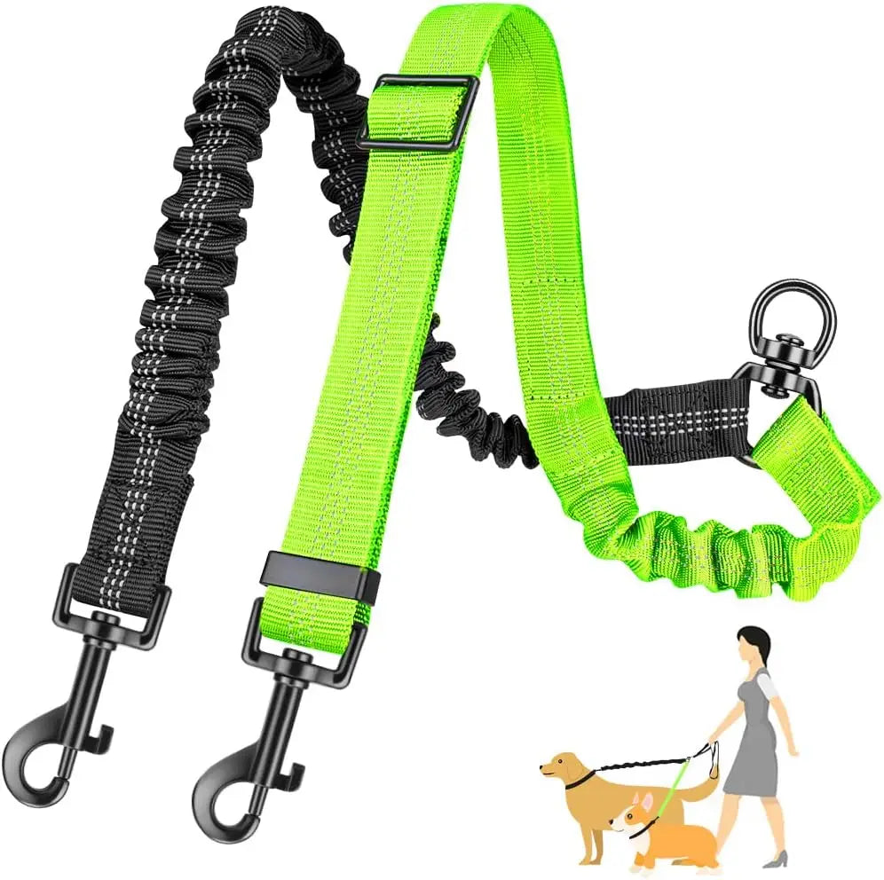 1.6ft Long Dual Dog Leash Attachment - Double Leashes for Training Small to Large Dogs Adjustable Strap, Shock Absorbing Bungee