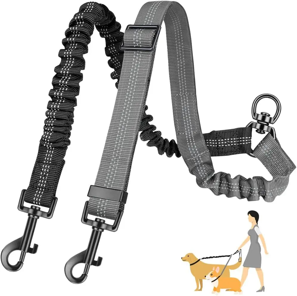 1.6ft Long Dual Dog Leash Attachment - Double Leashes for Training Small to Large Dogs Adjustable Strap, Shock Absorbing Bungee