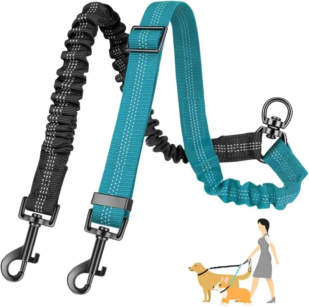 1.6ft Long Dual Dog Leash Attachment - Double Leashes for Training Small to Large Dogs Adjustable Strap, Shock Absorbing Bungee