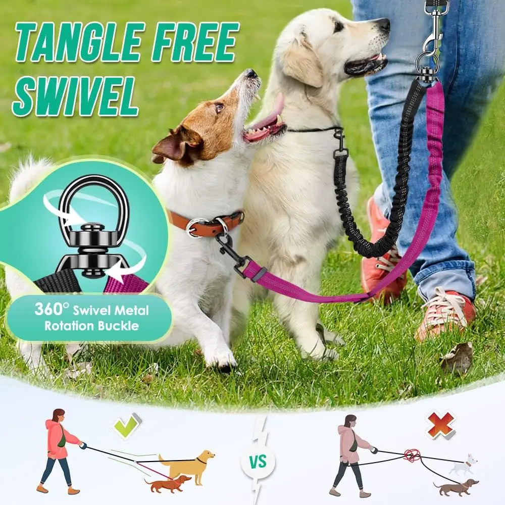 1.6ft Long Dual Dog Leash Attachment - Double Leashes for Training Small to Large Dogs Adjustable Strap, Shock Absorbing Bungee