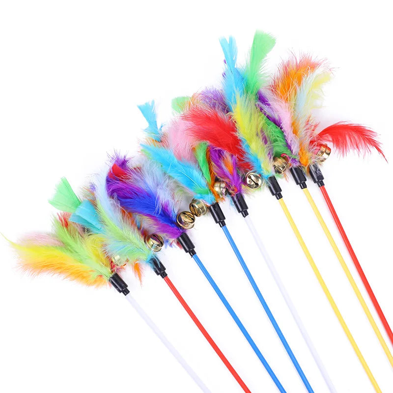 5pcs Funny Kitten Cat Teaser Interactive Toy Rod with Bell and Feather Toys For Pet Cats Stick Wire Chaser Wand Toy Random Color