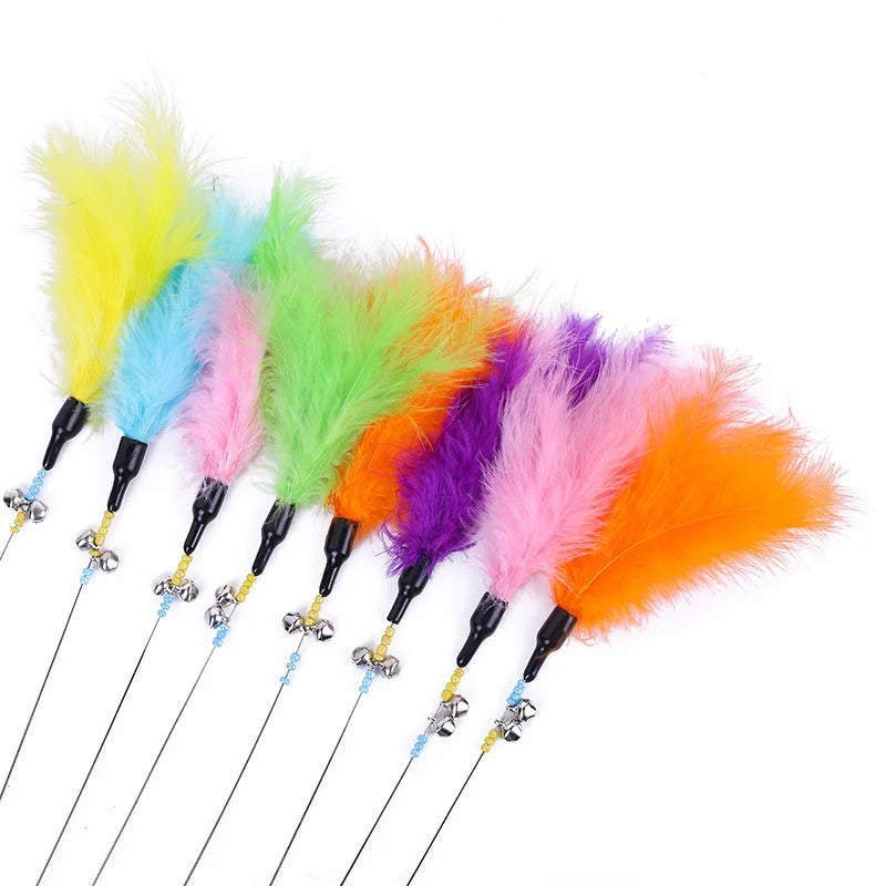 5pcs Funny Kitten Cat Teaser Interactive Toy Rod with Bell and Feather Toys For Pet Cats Stick Wire Chaser Wand Toy Random Color