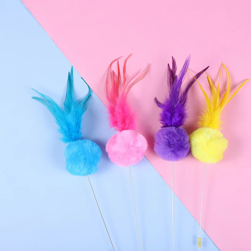 5pcs Funny Kitten Cat Teaser Interactive Toy Rod with Bell and Feather Toys For Pet Cats Stick Wire Chaser Wand Toy Random Color
