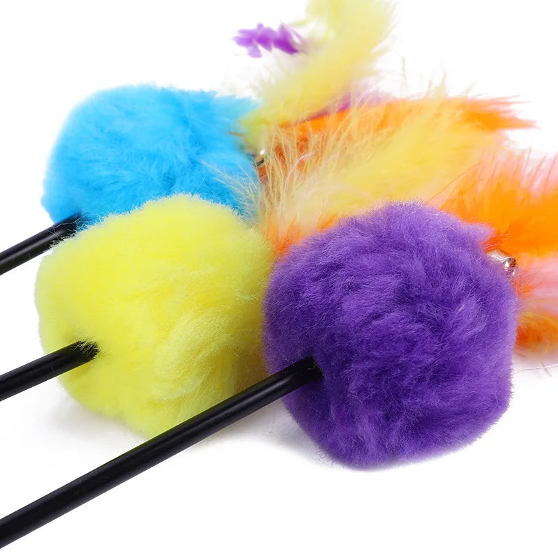 5pcs Funny Kitten Cat Teaser Interactive Toy Rod with Bell and Feather Toys For Pet Cats Stick Wire Chaser Wand Toy Random Color