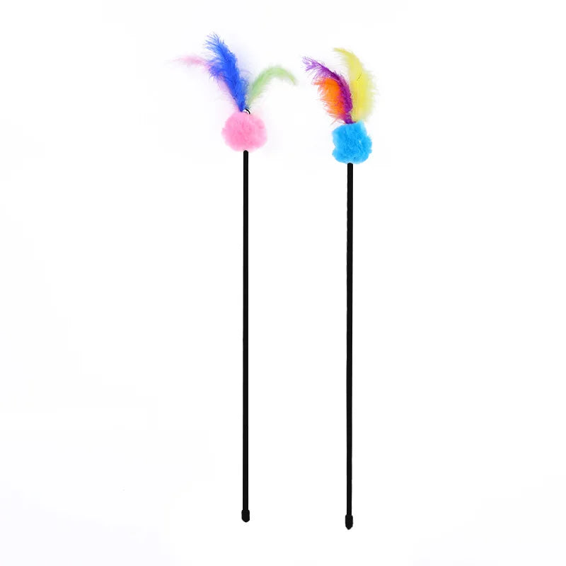 5pcs Funny Kitten Cat Teaser Interactive Toy Rod with Bell and Feather Toys For Pet Cats Stick Wire Chaser Wand Toy Random Color