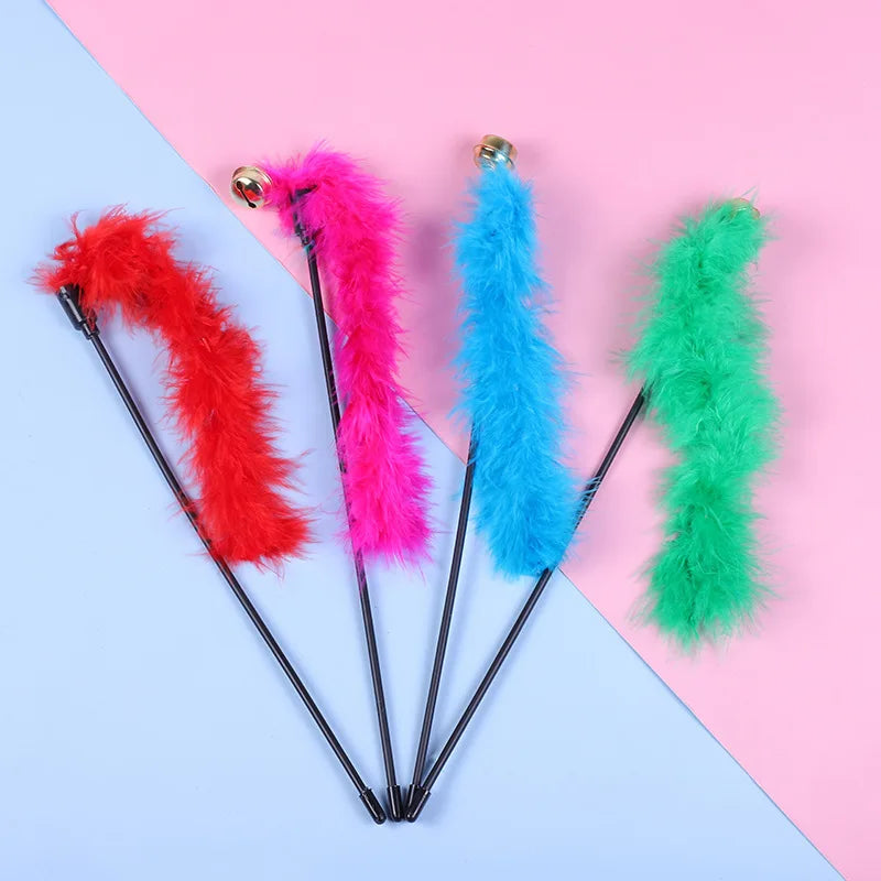 5pcs Funny Kitten Cat Teaser Interactive Toy Rod with Bell and Feather Toys For Pet Cats Stick Wire Chaser Wand Toy Random Color