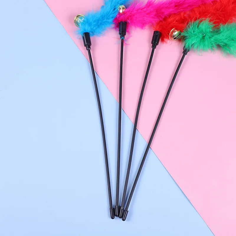 5pcs Funny Kitten Cat Teaser Interactive Toy Rod with Bell and Feather Toys For Pet Cats Stick Wire Chaser Wand Toy Random Color