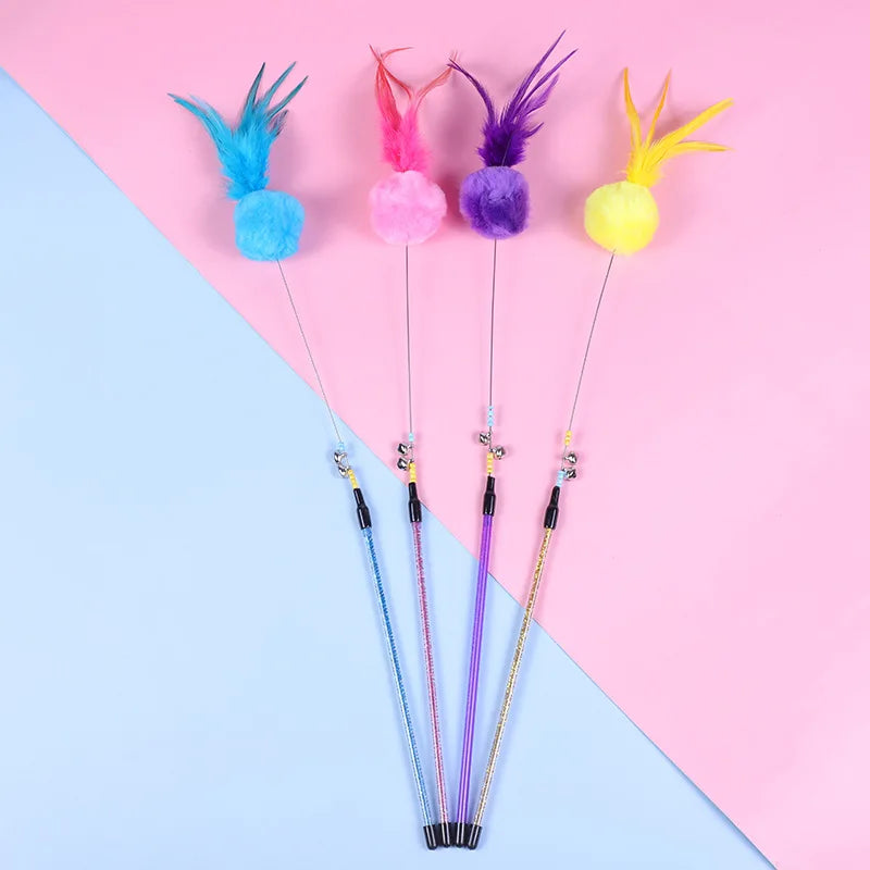 5pcs Funny Kitten Cat Teaser Interactive Toy Rod with Bell and Feather Toys For Pet Cats Stick Wire Chaser Wand Toy Random Color