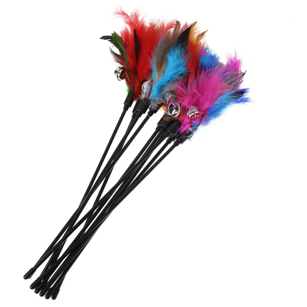5pcs Funny Kitten Cat Teaser Interactive Toy Rod with Bell and Feather Toys For Pet Cats Stick Wire Chaser Wand Toy Random Color