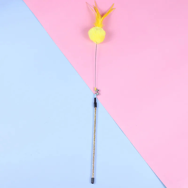 5pcs Funny Kitten Cat Teaser Interactive Toy Rod with Bell and Feather Toys For Pet Cats Stick Wire Chaser Wand Toy Random Color