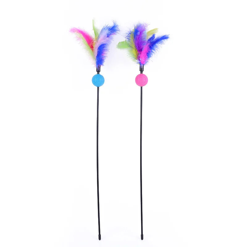5pcs Funny Kitten Cat Teaser Interactive Toy Rod with Bell and Feather Toys For Pet Cats Stick Wire Chaser Wand Toy Random Color