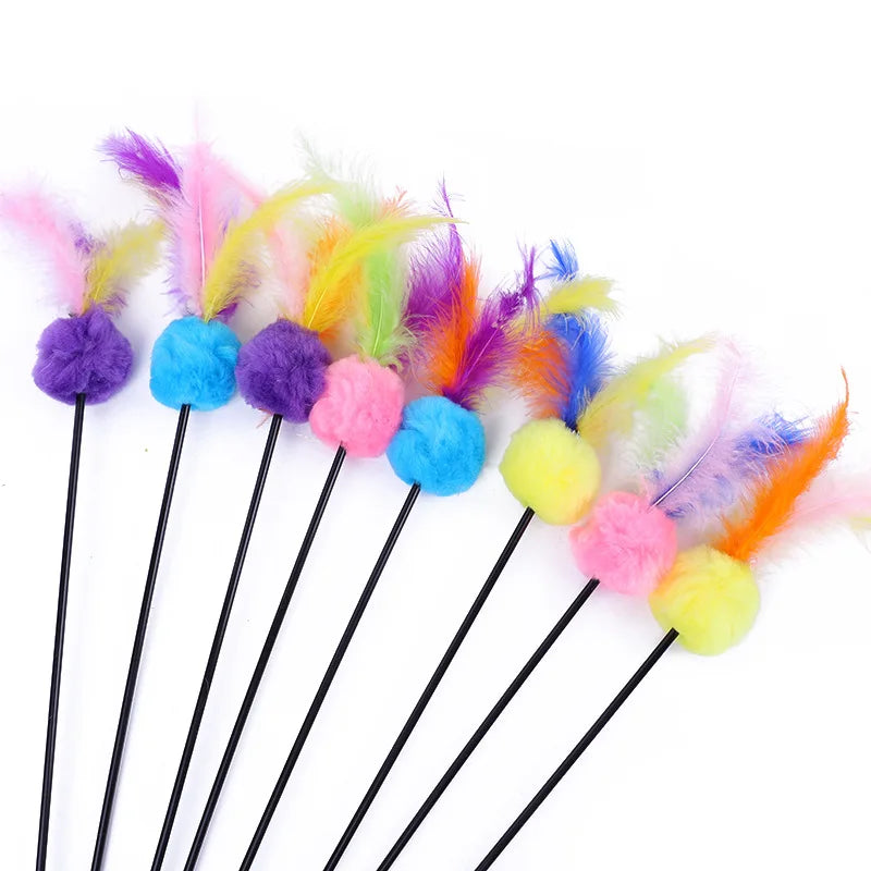 5pcs Funny Kitten Cat Teaser Interactive Toy Rod with Bell and Feather Toys For Pet Cats Stick Wire Chaser Wand Toy Random Color
