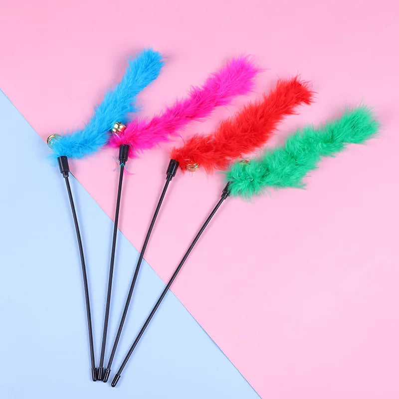 5pcs Funny Kitten Cat Teaser Interactive Toy Rod with Bell and Feather Toys For Pet Cats Stick Wire Chaser Wand Toy Random Color
