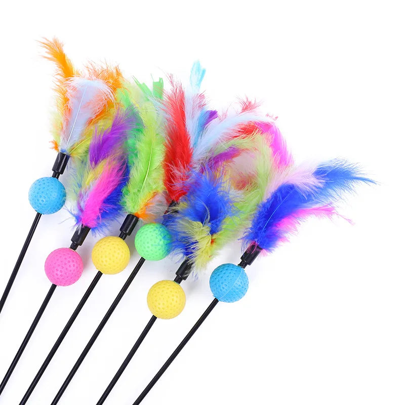 5pcs Funny Kitten Cat Teaser Interactive Toy Rod with Bell and Feather Toys For Pet Cats Stick Wire Chaser Wand Toy Random Color