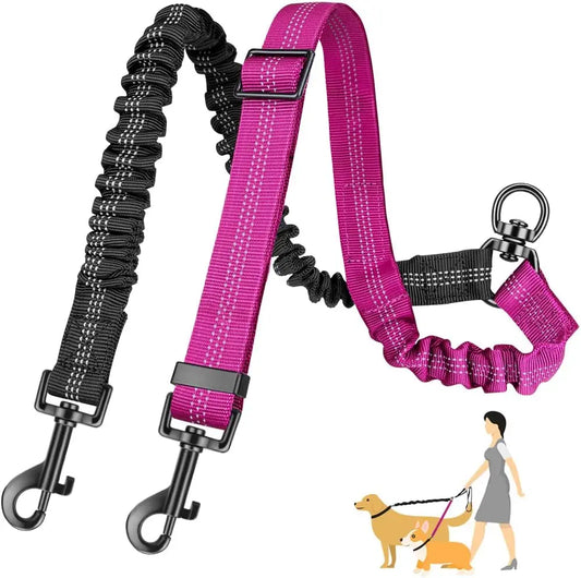 1.6ft Long Dual Dog Leash Attachment - Double Leashes for Training Small to Large Dogs  Adjustable Strap, Shock Absorbing Bungee